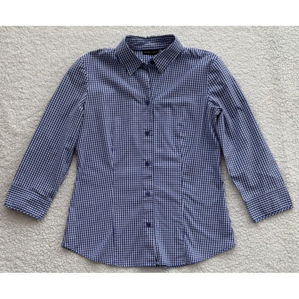 Womens  Gingham Top Blue & White Check 3/4 Sleeve Button Down  Stretch Size M